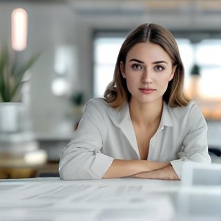 Dipl.-Ing. Petra Meier im hellen Büro bei Müller & Meier Zement GmbH mit Plänen und Produktmustern auf dem Tisch