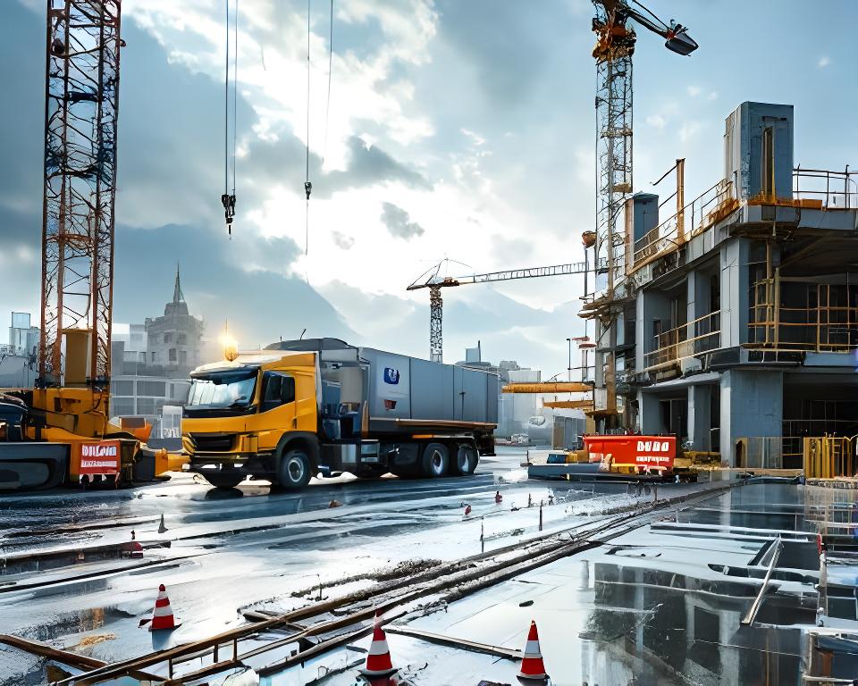 Betonlieferung auf einer Zürcher Baustelle mit Kran, Schalung und hellem Morgenlicht